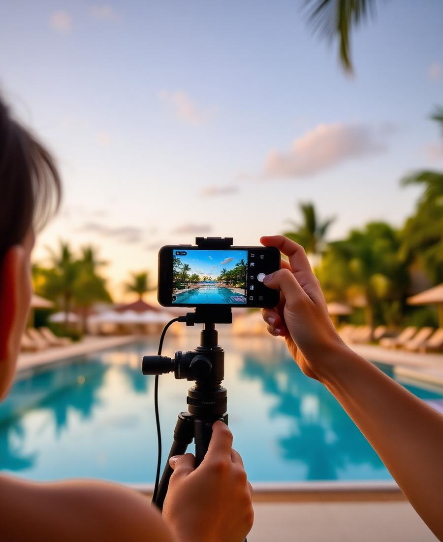 Creating content by a hotel pool at golden hour